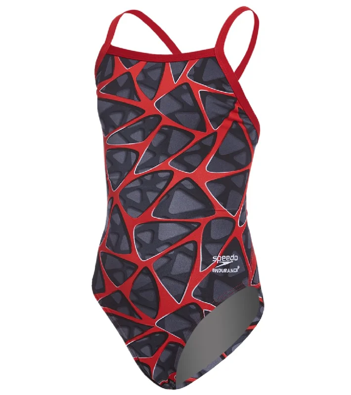 Speedo Endurance+ Girls' Caged Out Flyback One Piece Swimsuit Red Classic Swimsuit Design