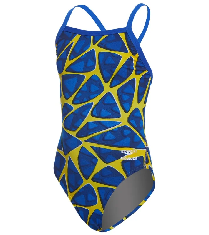 Speedo Endurance+ Girls' Caged Out Flyback One Piece Swimsuit Sapphire/Gold Adjustable Bikini Bottoms