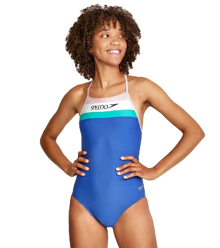 Speedo Vibe Women's Vintage Splice One Back One Piece Swimsuit Dazzling Blue Deep-V Swimsuit Design