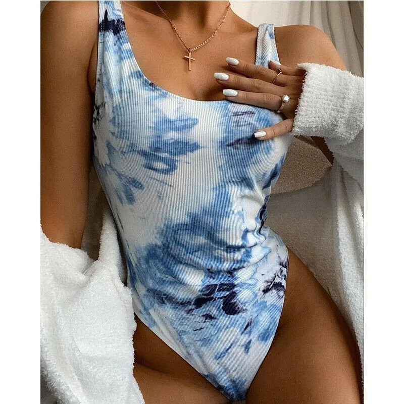 Tie Dye One Piece Swimsuit Bikini V-Neck Swim Dress