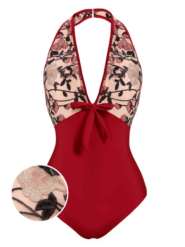 Wine Red 1950s Floral Backless Swimsuit Tropical Print One-Piece