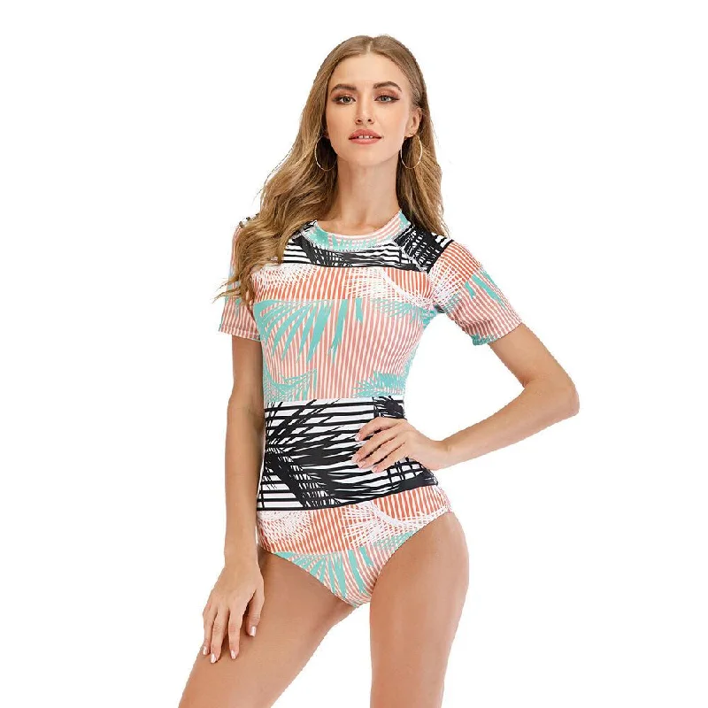 Women Short Sleeve One Piece Swimwear Mesh Panel Swimwear