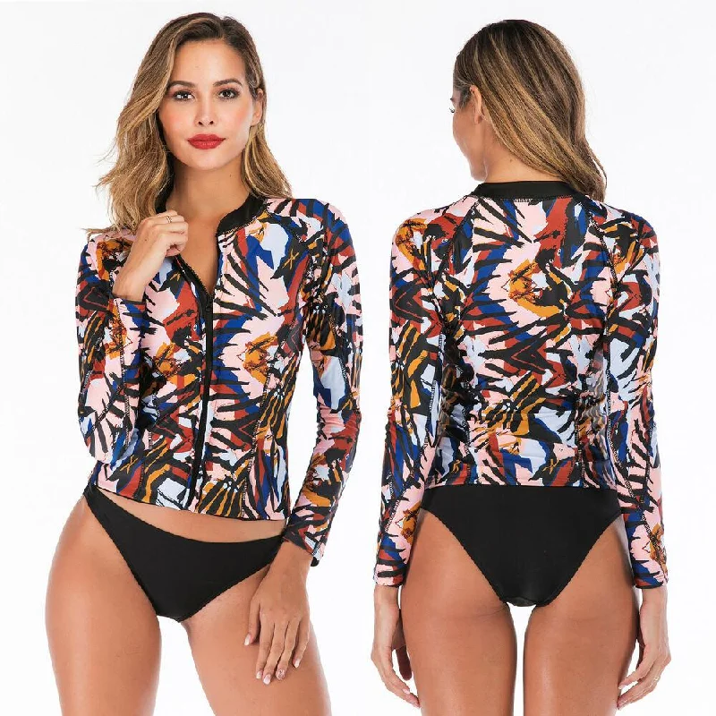 Women Zip Front Long Sleeve Swimwear Adjustable Swim Top