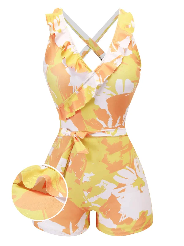 Yellow 1940s Painting Plants Lace-Up Swimsuit Classic Monokini Design