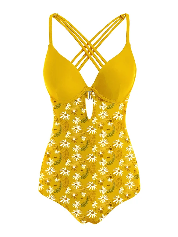 Yellow 1950s Daisy Patchwork Swimsuit Reversible Bikini Set