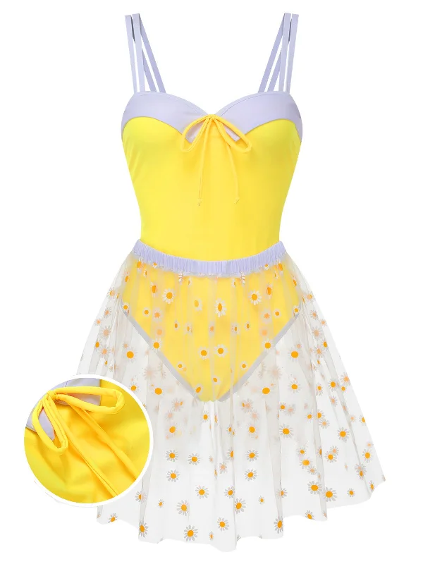 Yellow 1950s Suspender Swimsuit & Daisy Cover-Up Sporty Racerback Swimsuit