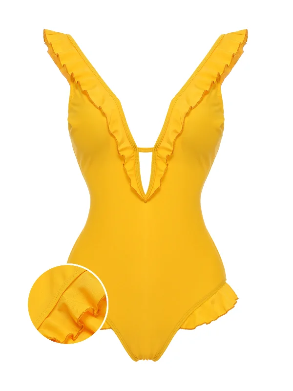 Yellow 1930s V-Neck One-piece Swimsuit Quick-Dry Swimsuit