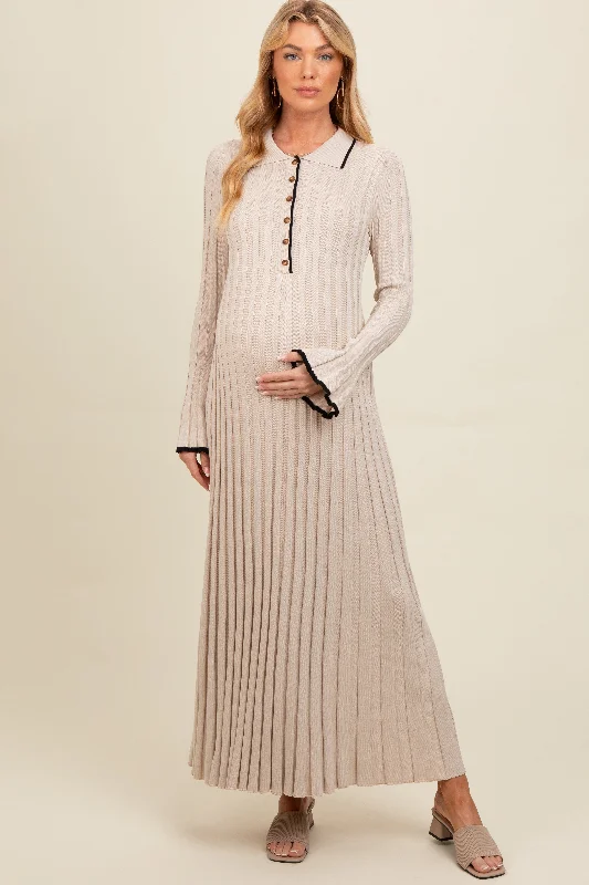 Beige Ribbed Knit Collared Button Up Maternity Maxi Dress Cozy Ruffle Sleeve Maxi Dress Beige Ribbed Knit Collared Button Up Maternity Maxi Dress Cozy Ruffle Sleeve Maxi Dress