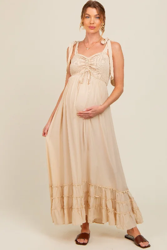 Beige Sweetheart Neck Smocked Shoulder Tie Maternity Maxi Dress Trendy Maxi Dress with Belt Beige Sweetheart Neck Smocked Shoulder Tie Maternity Maxi Dress Trendy Maxi Dress with Belt