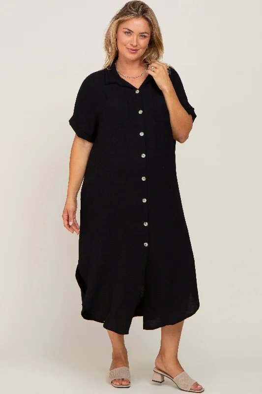 Black Button Down Hi Low Maternity Plus Maxi Dress Comfortable Fitted Maxi Dress