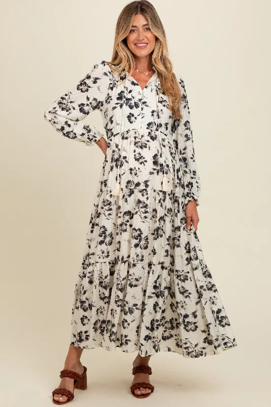Black Floral Button Front Tiered Long Sleeve Maternity Maxi Dress Classic A-Line Maxi Dress Black Floral Button Front Tiered Long Sleeve Maternity Maxi Dress Classic A-Line Maxi Dress