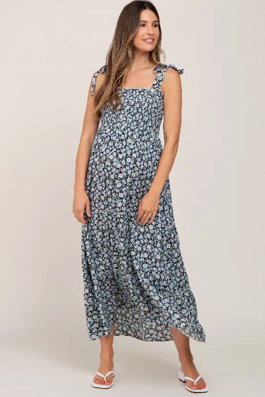 Black Floral Sleeveless Tiered Maternity Maxi Dress Trendy Printed Maxi Dress