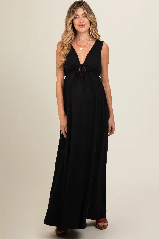 Black Front Tie Cutout Sleeveless Maternity Maxi Dress Comfortable Fit-and-Flare Maxi Dress Black Front Tie Cutout Sleeveless Maternity Maxi Dress Comfortable Fit-and-Flare Maxi Dress