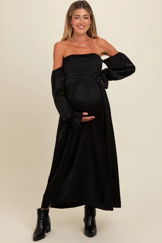 Black Off Shoulder Satin Pleated Bodice Maternity Maxi Dress Fashionable Printed Maxi Dress Black Off Shoulder Satin Pleated Bodice Maternity Maxi Dress Fashionable Printed Maxi Dress