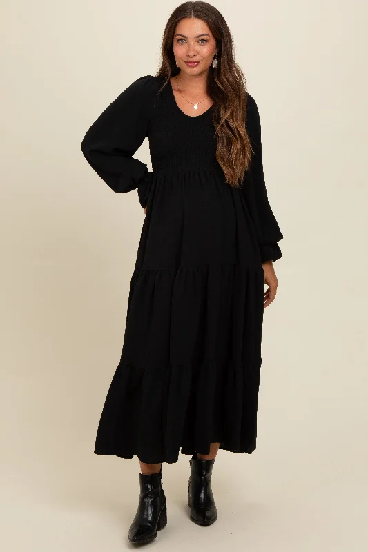 Black Smocked Tiered Long Sleeve Maternity Maxi Dress Trendy Button Front Maxi Dress Black Smocked Tiered Long Sleeve Maternity Maxi Dress Trendy Button Front Maxi Dress