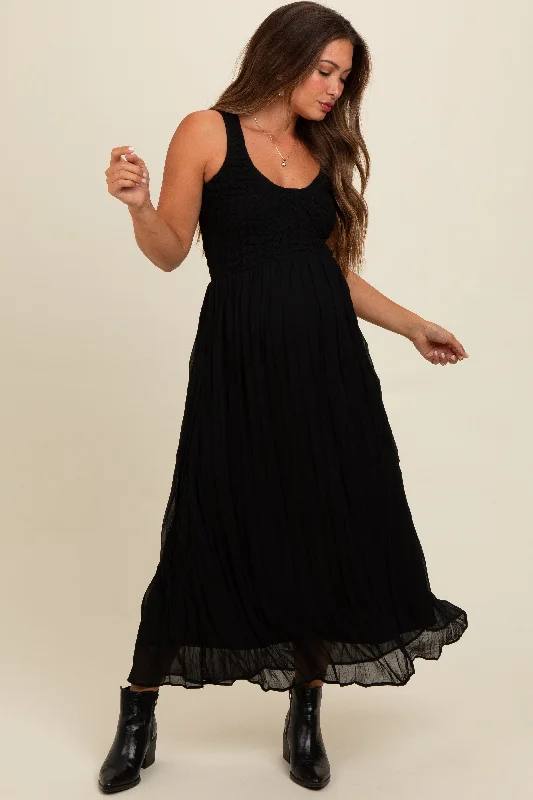 Black Textured Smocked Bodice Sleeveless Maternity Maxi Dress Elegant Wraparound Maxi Dress Black Textured Smocked Bodice Sleeveless Maternity Maxi Dress Elegant Wraparound Maxi Dress