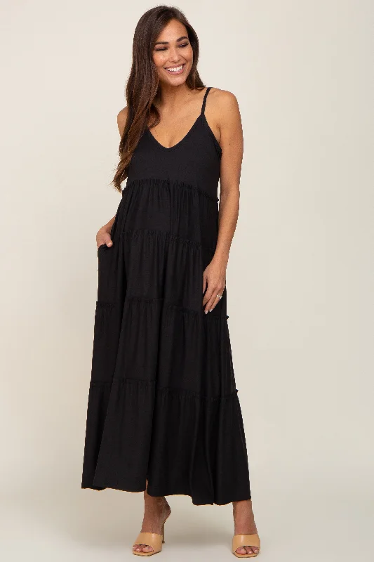Black Tiered Sleeveless Maternity Maxi Dress Elegant Boho Maxi Dress
