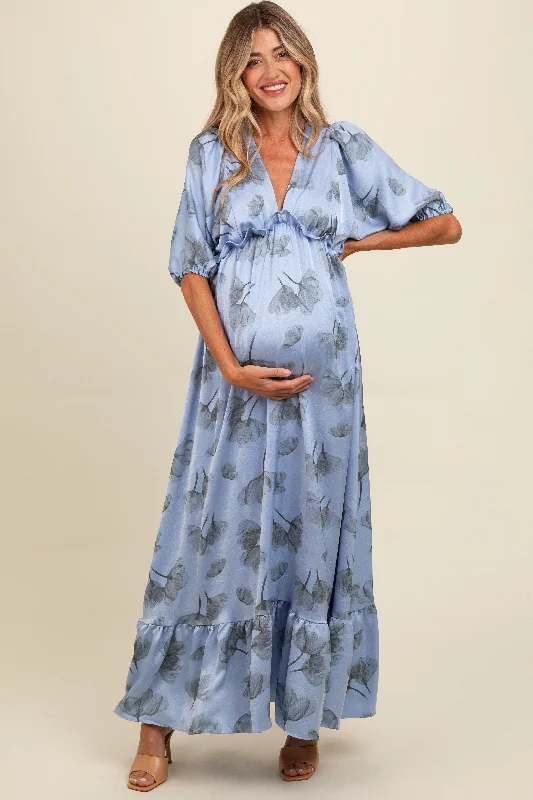 Blue Floral Chiffon Ruffle Accent Maternity Maxi Dress Comfortable Maxi Dress with Sleeves Blue Floral Chiffon Ruffle Accent Maternity Maxi Dress Comfortable Maxi Dress with Sleeves