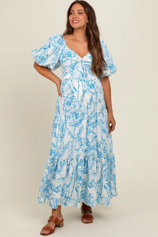 Blue Floral Cinched Tie Maternity Maxi Dress Comfortable Fit-and-Flare Maxi Dress