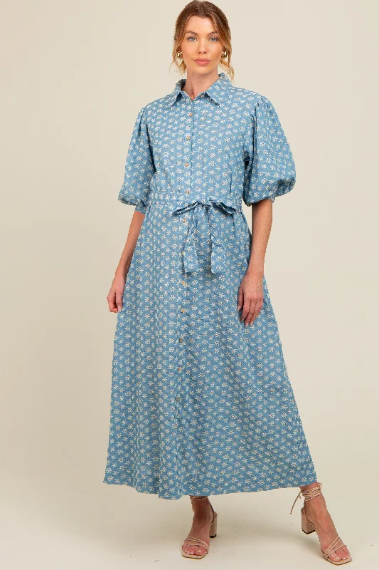 Blue Floral Embroidered Button Down Chambray Maternity Maxi Dress Fashionable Off-Shoulder Maxi Dress Blue Floral Embroidered Button Down Chambray Maternity Maxi Dress Fashionable Off-Shoulder Maxi Dress