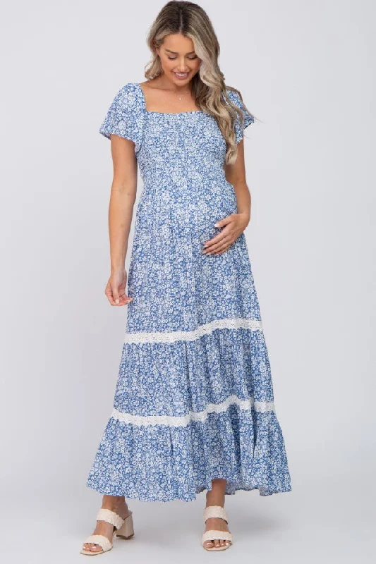 Blue Floral Square Neck Smocked Front Lace Trim Maternity Maxi Dress Stylish Off-Shoulder Maxi Dress Blue Floral Square Neck Smocked Front Lace Trim Maternity Maxi Dress Stylish Off-Shoulder Maxi Dress