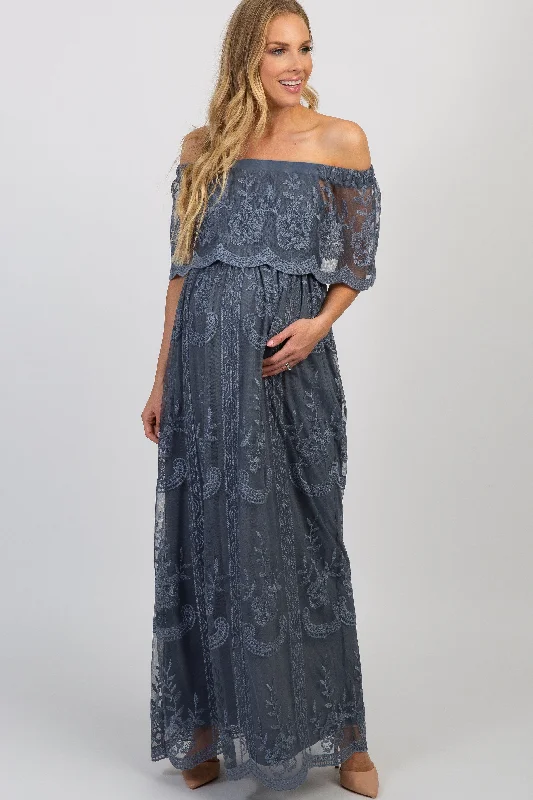 Blue Lace Mesh Overlay Off Shoulder Maternity Maxi Dress Elegant Maxi Dress with Lace Blue Lace Mesh Overlay Off Shoulder Maternity Maxi Dress Elegant Maxi Dress with Lace