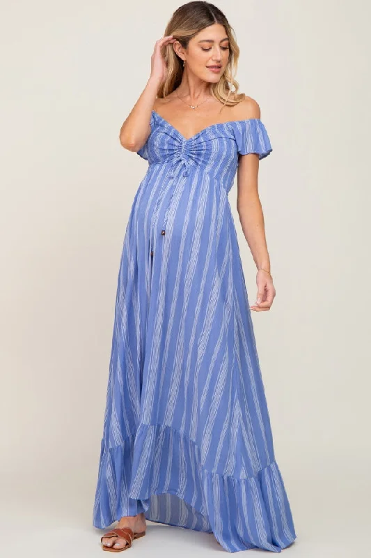 Blue Striped Off Shoulder Front Tie Maternity Maxi Dress Comfortable Fitted Maxi Dress Blue Striped Off Shoulder Front Tie Maternity Maxi Dress Comfortable Fitted Maxi Dress