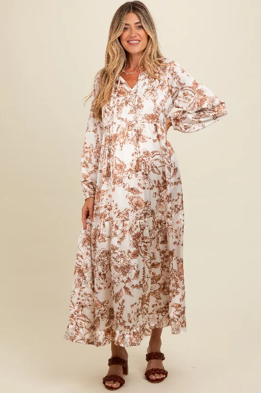 Brown Floral Tassel Tie Front Maternity Maxi Dress Fashionable Off-Shoulder Maxi Dress Brown Floral Tassel Tie Front Maternity Maxi Dress Fashionable Off-Shoulder Maxi Dress