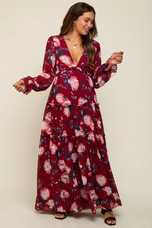 Burgundy Floral Chiffon V-Neck Lettuce Edge Tiered Maternity Maxi Dress Trendy V-Neck Maxi Dress Burgundy Floral Chiffon V-Neck Lettuce Edge Tiered Maternity Maxi Dress Trendy V-Neck Maxi Dress