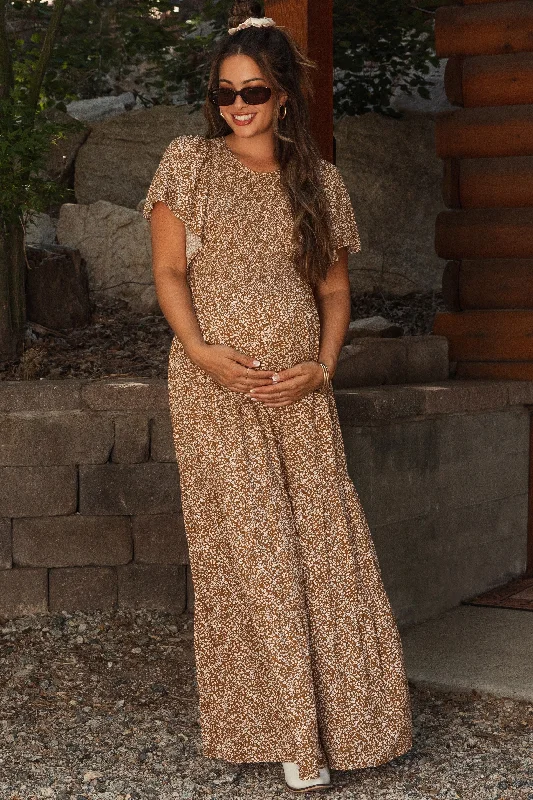 Camel Floral Smocked Flutter Sleeve Maternity Maxi Dress Comfortable T-Shirt Maxi Dress Camel Floral Smocked Flutter Sleeve Maternity Maxi Dress Comfortable T-Shirt Maxi Dress