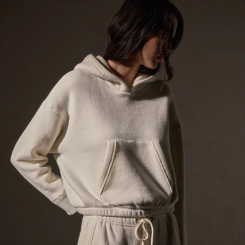 Cozy Hooded Sweat Top - Ivory Hoodie with Elastic Cuffs Stretchable Comfortable