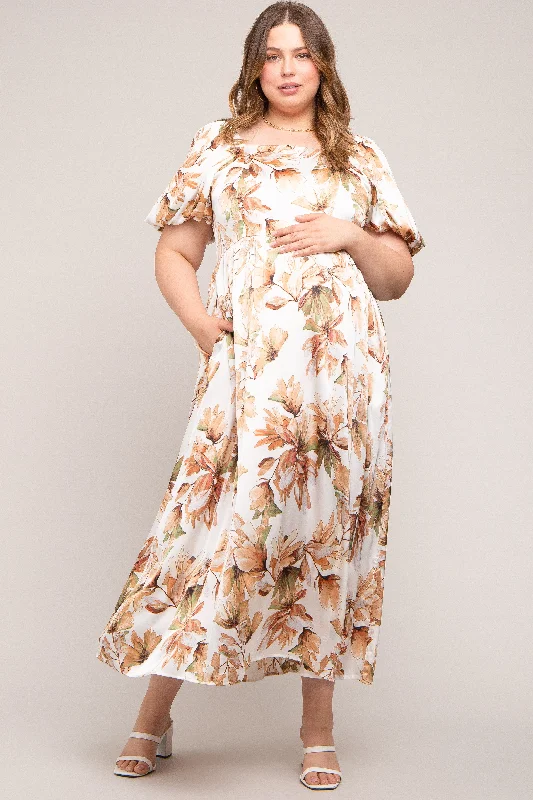 Cream Floral Satin Puff Sleeve Maternity Plus Maxi Dress Comfortable Fitted Maxi Dress Cream Floral Satin Puff Sleeve Maternity Plus Maxi Dress Comfortable Fitted Maxi Dress
