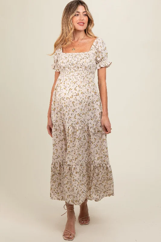 Cream Floral Smocked Square Neck Tiered Puff Short Sleeve Maternity Maxi Dress Fashionable Faux Wrap Maxi Dress Cream Floral Smocked Square Neck Tiered Puff Short Sleeve Maternity Maxi Dress Fashionable Faux Wrap Maxi Dress