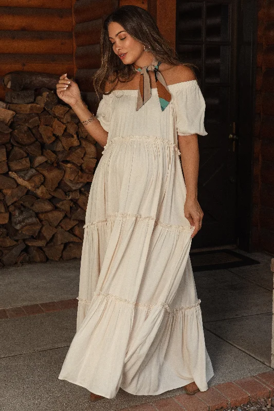 Cream Off Shoulder Ruffle Tiered Maternity Maxi Dress Fashionable Off-Shoulder Maxi Dress Cream Off Shoulder Ruffle Tiered Maternity Maxi Dress Fashionable Off-Shoulder Maxi Dress
