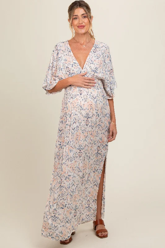 Cream V-Neck Smocked Waist Short Sleeve Maternity Maxi Dress Comfortable Satin Maxi Dress Cream V-Neck Smocked Waist Short Sleeve Maternity Maxi Dress Comfortable Satin Maxi Dress