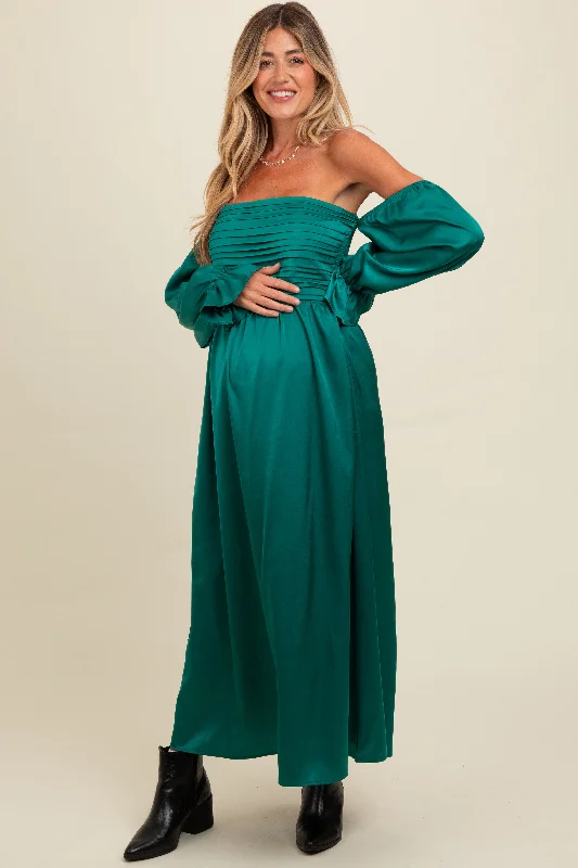 Emerald Green Off Shoulder Satin Pleated Bodice Maternity Maxi Dress Chic Button-Up Maxi Dress Emerald Green Off Shoulder Satin Pleated Bodice Maternity Maxi Dress Chic Button-Up Maxi Dress