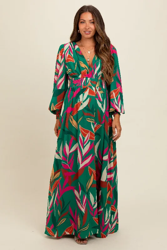 Forest Green Leaf Print Deep V-Neck Maternity Maxi Dress Comfortable Long-Sleeve Maxi Dress Forest Green Leaf Print Deep V-Neck Maternity Maxi Dress Comfortable Long-Sleeve Maxi Dress