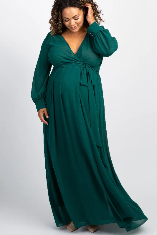 Green Chiffon Long Sleeve Pleated Plus Maternity Maxi Dress Comfortable Maxi Dress with Belt Green Chiffon Long Sleeve Pleated Plus Maternity Maxi Dress Comfortable Maxi Dress with Belt