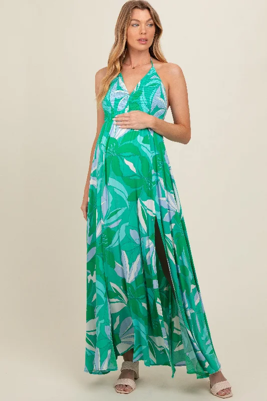 Green Floral Smocked Halter Open Back Maternity Maxi Dress Trendy Off-Shoulder Ruffle Maxi Dress Green Floral Smocked Halter Open Back Maternity Maxi Dress Trendy Off-Shoulder Ruffle Maxi Dress
