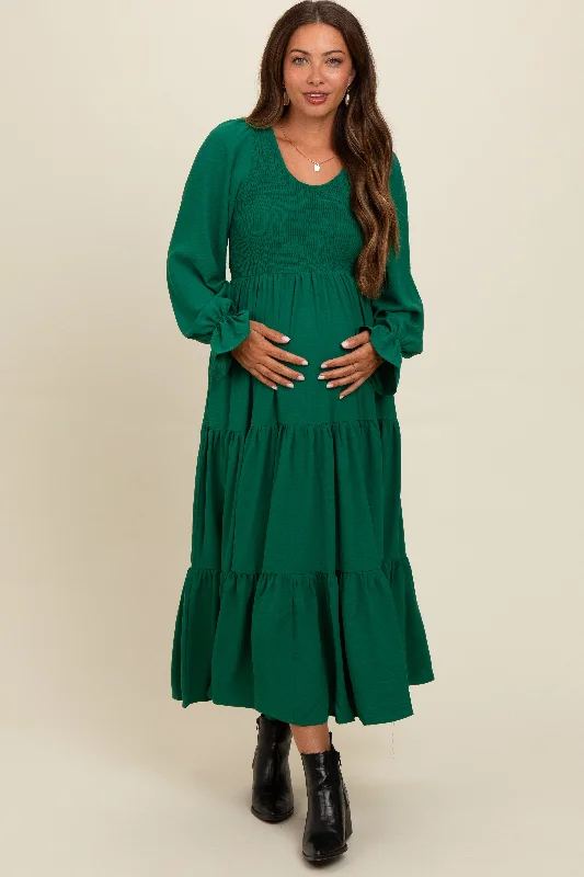 Green Smocked Tiered Long Sleeve Maternity Maxi Dress Comfortable Plunging Neckline Maxi Dress Green Smocked Tiered Long Sleeve Maternity Maxi Dress Comfortable Plunging Neckline Maxi Dress