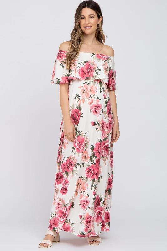 Ivory Floral Off Shoulder Flounce Maternity Maxi Dress Trendy Short Sleeve Maxi Dress Ivory Floral Off Shoulder Flounce Maternity Maxi Dress Trendy Short Sleeve Maxi Dress