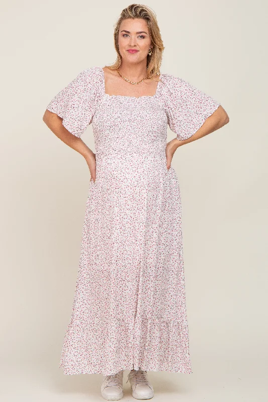 Ivory Floral Smocked Flounce Sleeve Maternity Plus Maxi Dress Fashionable Halter Neck Maxi Dress Ivory Floral Smocked Flounce Sleeve Maternity Plus Maxi Dress Fashionable Halter Neck Maxi Dress