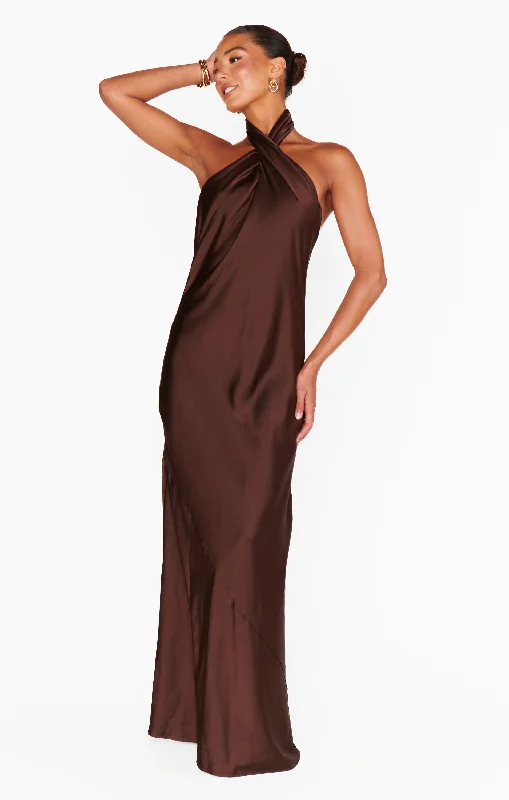 Jasmine Halter Maxi Dress ~ Chocolate Luxe Satin Fashionable Asymmetrical Maxi Dress Jasmine Halter Maxi Dress ~ Chocolate Luxe Satin Fashionable Asymmetrical Maxi Dress