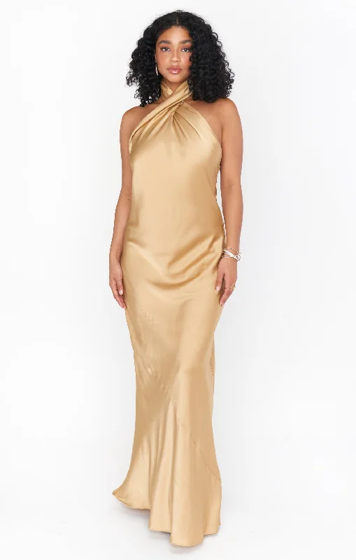 Jasmine Halter Maxi Dress ~ True Gold Luxe Satin Trendy Off-Shoulder Ruffle Maxi Dress Jasmine Halter Maxi Dress ~ True Gold Luxe Satin Trendy Off-Shoulder Ruffle Maxi Dress