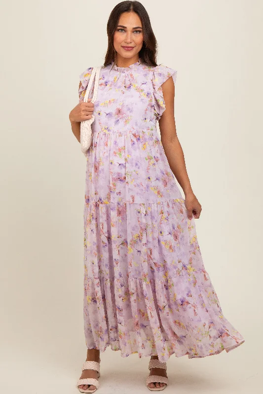 Lavender Floral Chiffon Ruffle Shoulder Tiered Maternity Maxi Dress Fashionable Printed Maxi Dress Lavender Floral Chiffon Ruffle Shoulder Tiered Maternity Maxi Dress Fashionable Printed Maxi Dress