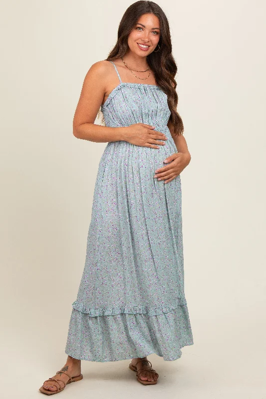 Light Blue Floral Ruffle Square Neck Smocked Waist Maternity Maxi Dress Stylish Maxi Dress with Frills Light Blue Floral Ruffle Square Neck Smocked Waist Maternity Maxi Dress Stylish Maxi Dress with Frills