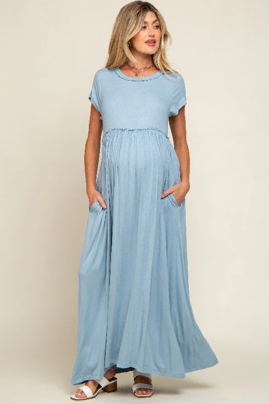 Light Blue Short Sleeve Pocketed Maternity Maxi Dress Stylish Maxi Dress with Frills Light Blue Short Sleeve Pocketed Maternity Maxi Dress Stylish Maxi Dress with Frills