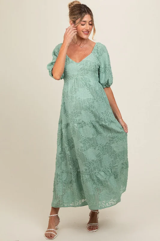 Light Olive Embroidered Leaf Print Striped Maternity Maxi Dress Comfortable Cotton Maxi Dress