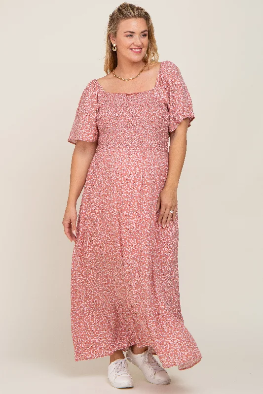 Mauve Floral Smocked Flounce Sleeve Maternity Plus Maxi Dress Elegant Tiered Maxi Dress Mauve Floral Smocked Flounce Sleeve Maternity Plus Maxi Dress Elegant Tiered Maxi Dress