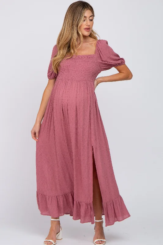 Mauve Swiss Dot Square Neck Smocked Maternity Maxi Dress Trendy Maxi Dress with Belt Mauve Swiss Dot Square Neck Smocked Maternity Maxi Dress Trendy Maxi Dress with Belt
